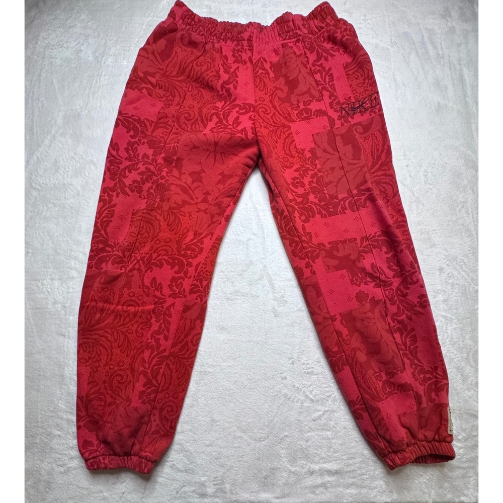 Nike Women Large Red Floral Damask Patchwork Fleece Joggers Pants DO6196-605